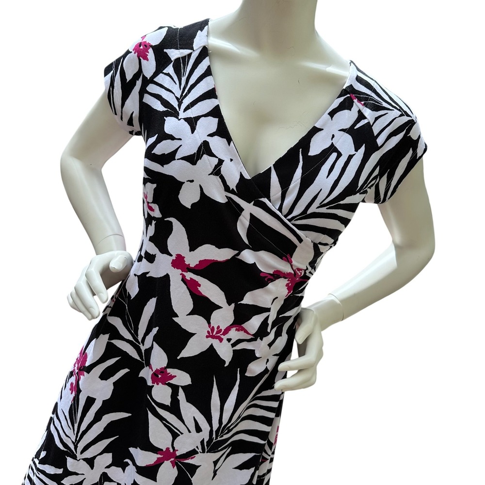 Soft Surroundings Tropical Floral Faux Wrap Midi Dress Black White Pink Small